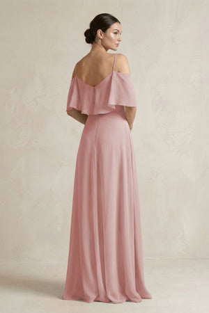 Ruffled Off - the - Shoulder A - Line Chiffon Bridesmaid Gown in Dusty Rose - KISS BRIDAL Bridesmaid Dresses