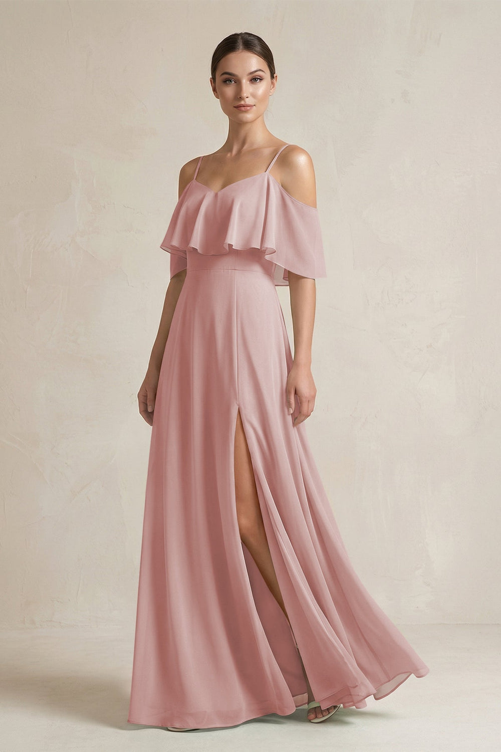 Ruffled Off - the - Shoulder A - Line Chiffon Bridesmaid Gown in Dusty Rose - KISS BRIDAL Bridesmaid Dresses