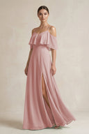 Ruffled Off - the - Shoulder A - Line Chiffon Bridesmaid Gown in Dusty Rose - KISS BRIDAL Bridesmaid Dresses