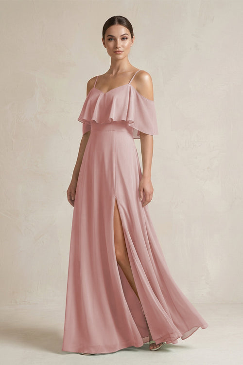 Ruffled Off - the - Shoulder A - Line Chiffon Bridesmaid Gown in Dusty Rose - KISS BRIDAL Bridesmaid Dresses