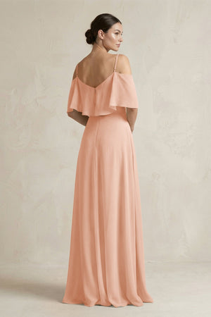 Ruffled Off - the - Shoulder A - Line Chiffon Bridesmaid Gown in English Rose - SHE IS ME Bridesmaid Dresses