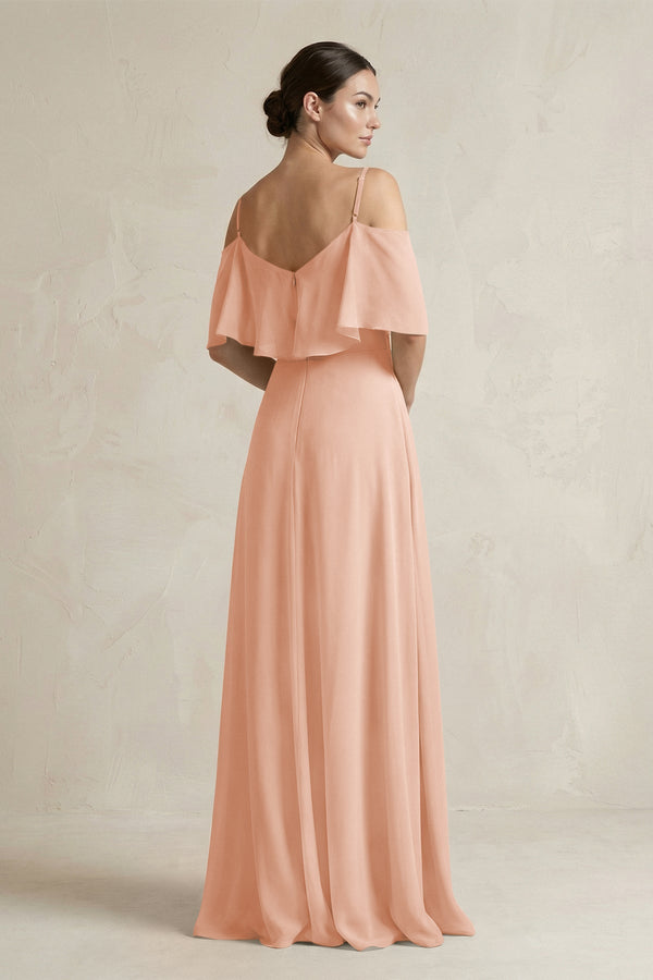 Ruffled Off - the - Shoulder A - Line Chiffon Bridesmaid Gown in English Rose - SHE IS ME Bridesmaid Dresses