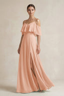 Ruffled Off - the - Shoulder A - Line Chiffon Bridesmaid Gown in English Rose - SHE IS ME Bridesmaid Dresses