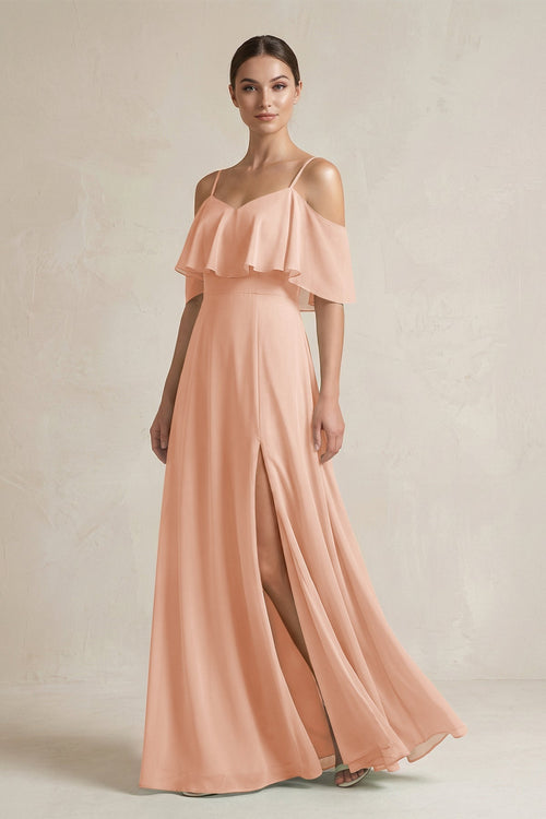Ruffled Off - the - Shoulder A - Line Chiffon Bridesmaid Gown in English Rose - SHE IS ME Bridesmaid Dresses