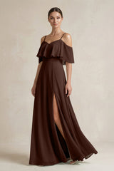 Ruffled Off - the - Shoulder A - Line Chiffon Bridesmaid Gown in Espresso - KISS BRIDAL Bridesmaid Dresses