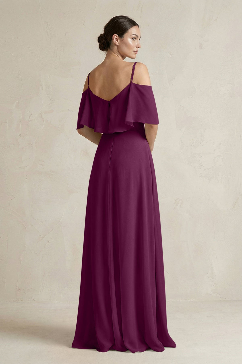 Ruffled Off - the - Shoulder A - Line Chiffon Bridesmaid Gown in Fig - KISS BRIDAL Bridesmaid Dresses