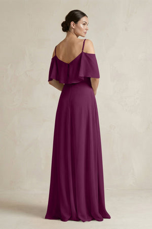 Ruffled Off - the - Shoulder A - Line Chiffon Bridesmaid Gown in Fig - KISS BRIDAL Bridesmaid Dresses
