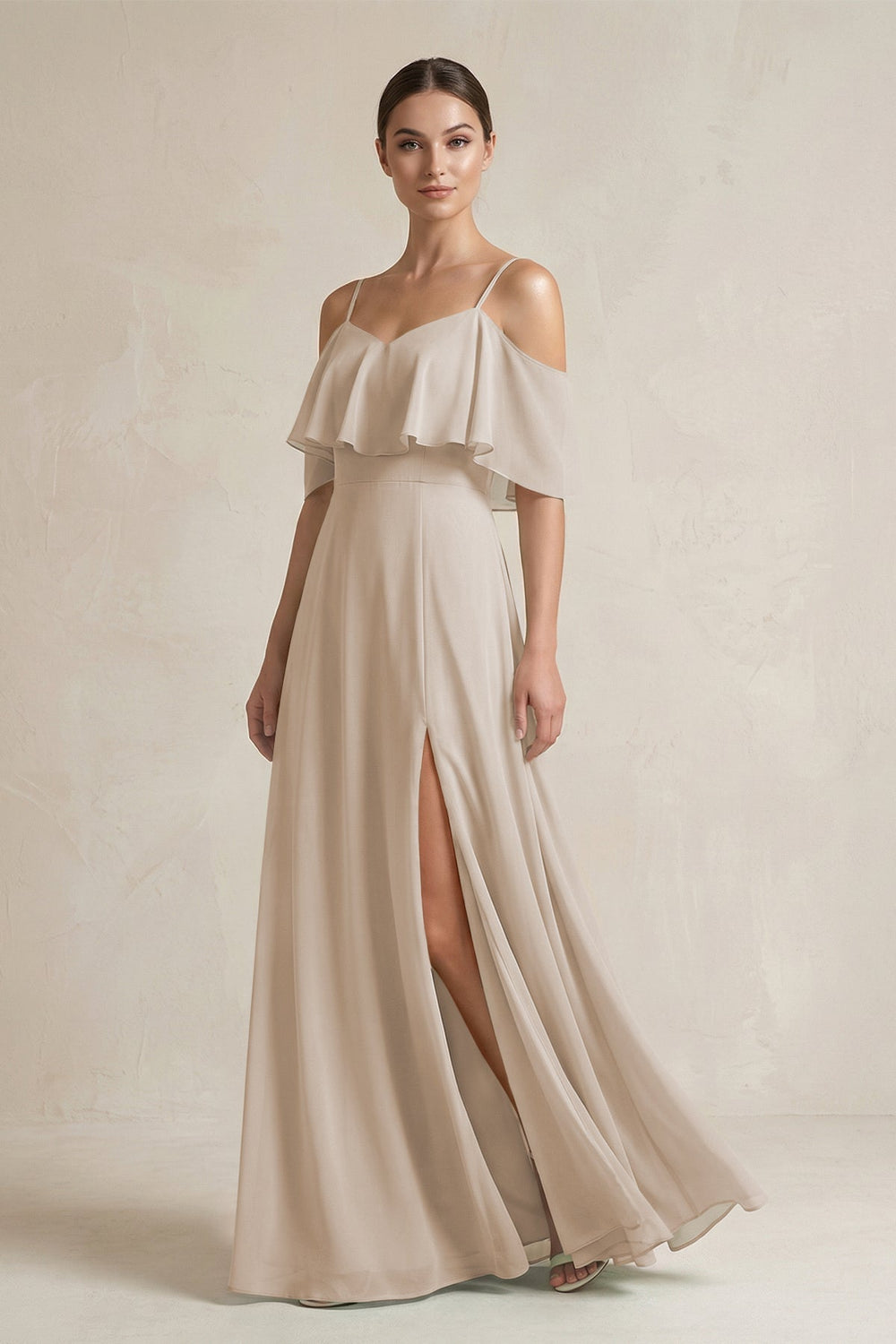 Ruffled Off - the - Shoulder A - Line Chiffon Bridesmaid Gown in Frost - KISS BRIDAL Bridesmaid Dresses