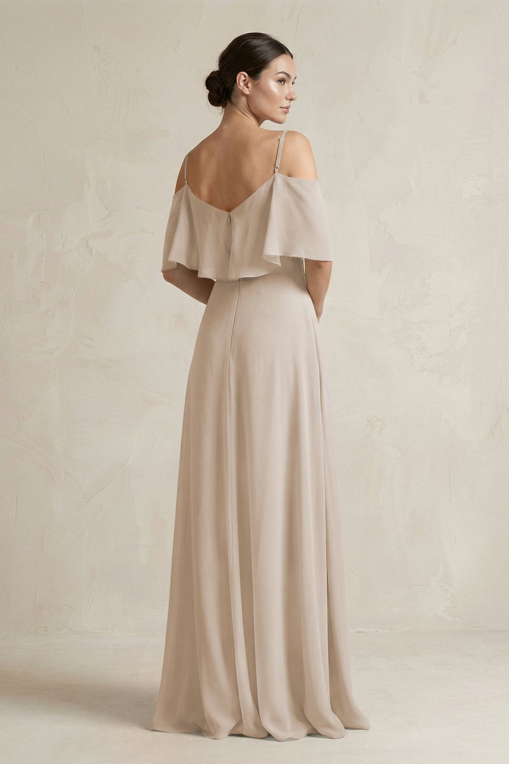 Ruffled Off - the - Shoulder A - Line Chiffon Bridesmaid Gown in Frost - KISS BRIDAL Bridesmaid Dresses
