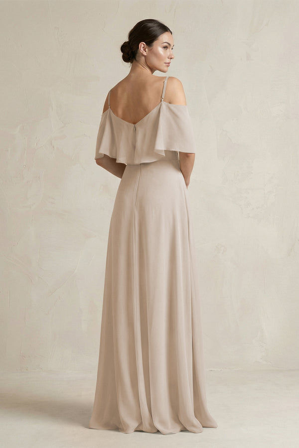 Ruffled Off - the - Shoulder A - Line Chiffon Bridesmaid Gown in Frost - SHE IS ME Bridesmaid Dresses