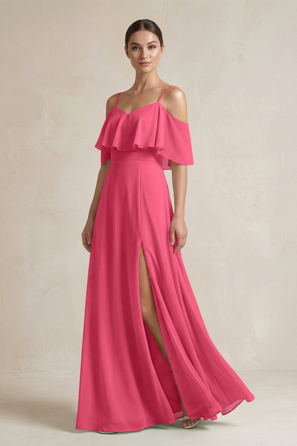 Ruffled Off - the - Shoulder A - Line Chiffon Bridesmaid Gown in Fuchsia - KISS BRIDAL Bridesmaid Dresses
