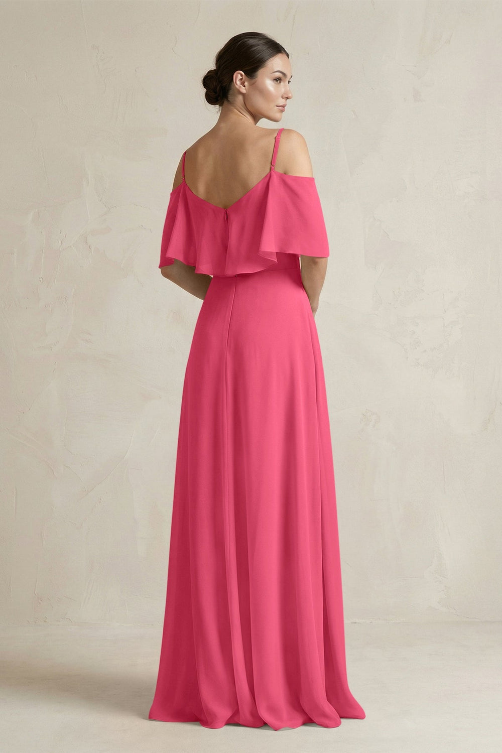 Ruffled Off - the - Shoulder A - Line Chiffon Bridesmaid Gown in Fuchsia - KISS BRIDAL Bridesmaid Dresses