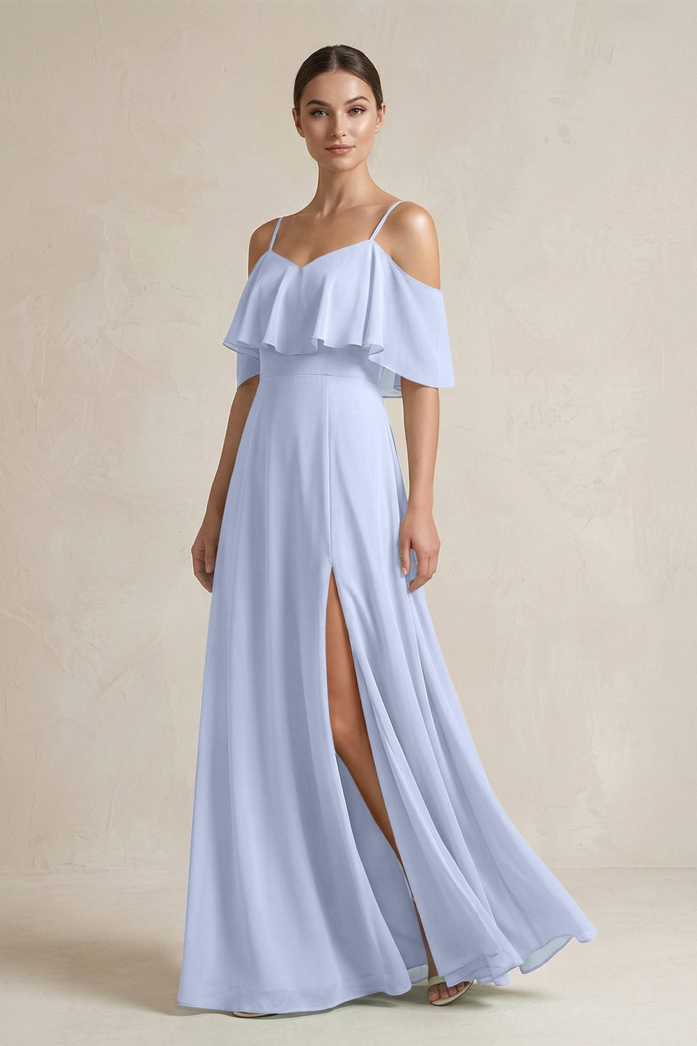 Ruffled Off - the - Shoulder A - Line Chiffon Bridesmaid Gown in Ice - KISS BRIDAL Bridesmaid Dresses