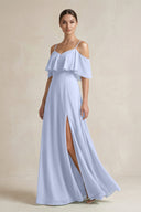 Ruffled Off - the - Shoulder A - Line Chiffon Bridesmaid Gown in Ice - KISS BRIDAL Bridesmaid Dresses
