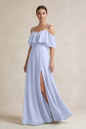 Ruffled Off - the - Shoulder A - Line Chiffon Bridesmaid Gown in Ice - KISS BRIDAL Bridesmaid Dresses