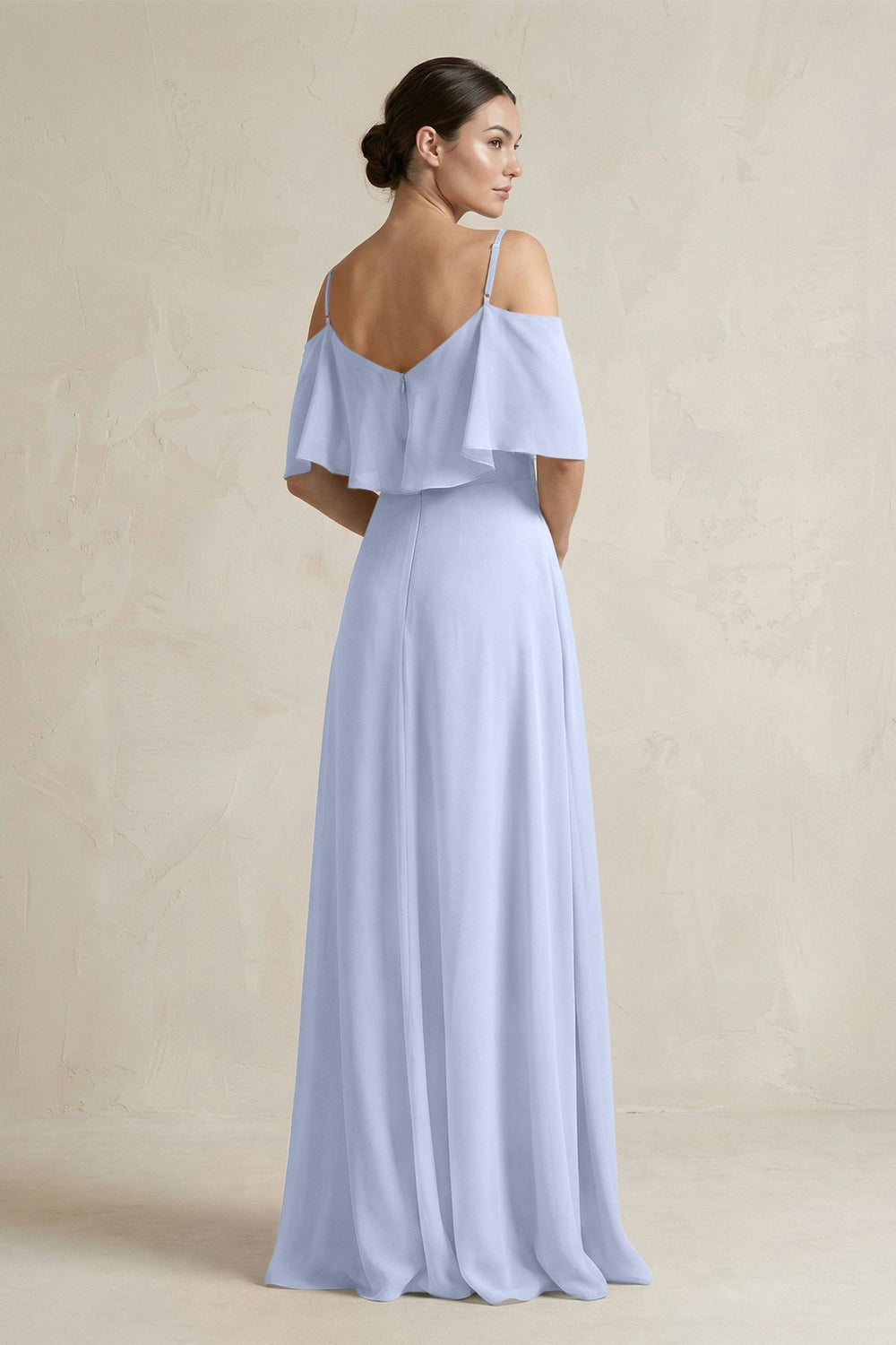 Ruffled Off - the - Shoulder A - Line Chiffon Bridesmaid Gown in Ice - KISS BRIDAL Bridesmaid Dresses