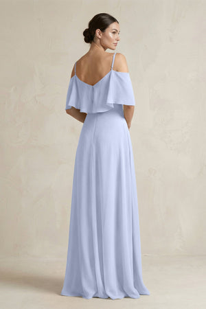 Ruffled Off - the - Shoulder A - Line Chiffon Bridesmaid Gown in Ice - KISS BRIDAL Bridesmaid Dresses