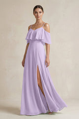 Ruffled Off - the - Shoulder A - Line Chiffon Bridesmaid Gown in Lavender - KISS BRIDAL Bridesmaid Dresses