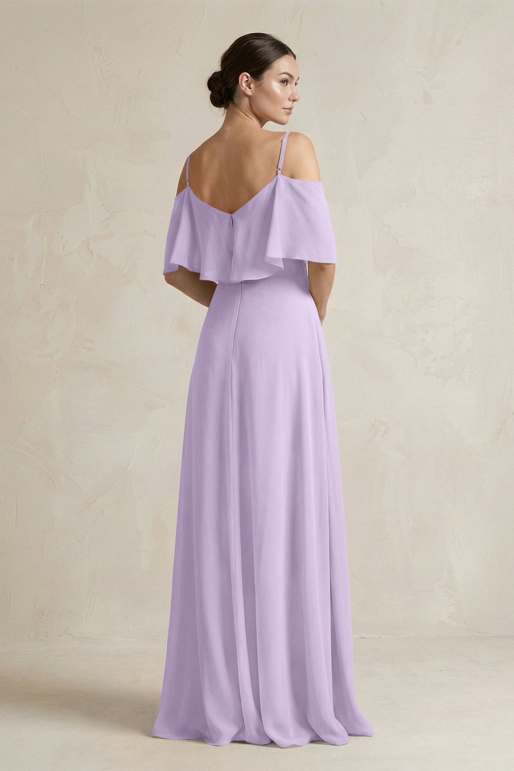 Ruffled Off - the - Shoulder A - Line Chiffon Bridesmaid Gown in Lavender - KISS BRIDAL Bridesmaid Dresses