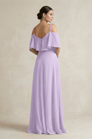 Ruffled Off - the - Shoulder A - Line Chiffon Bridesmaid Gown in Lavender - KISS BRIDAL Bridesmaid Dresses