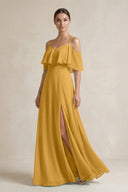 Ruffled Off - the - Shoulder A - Line Chiffon Bridesmaid Gown in Marigold - KISS BRIDAL Bridesmaid Dresses