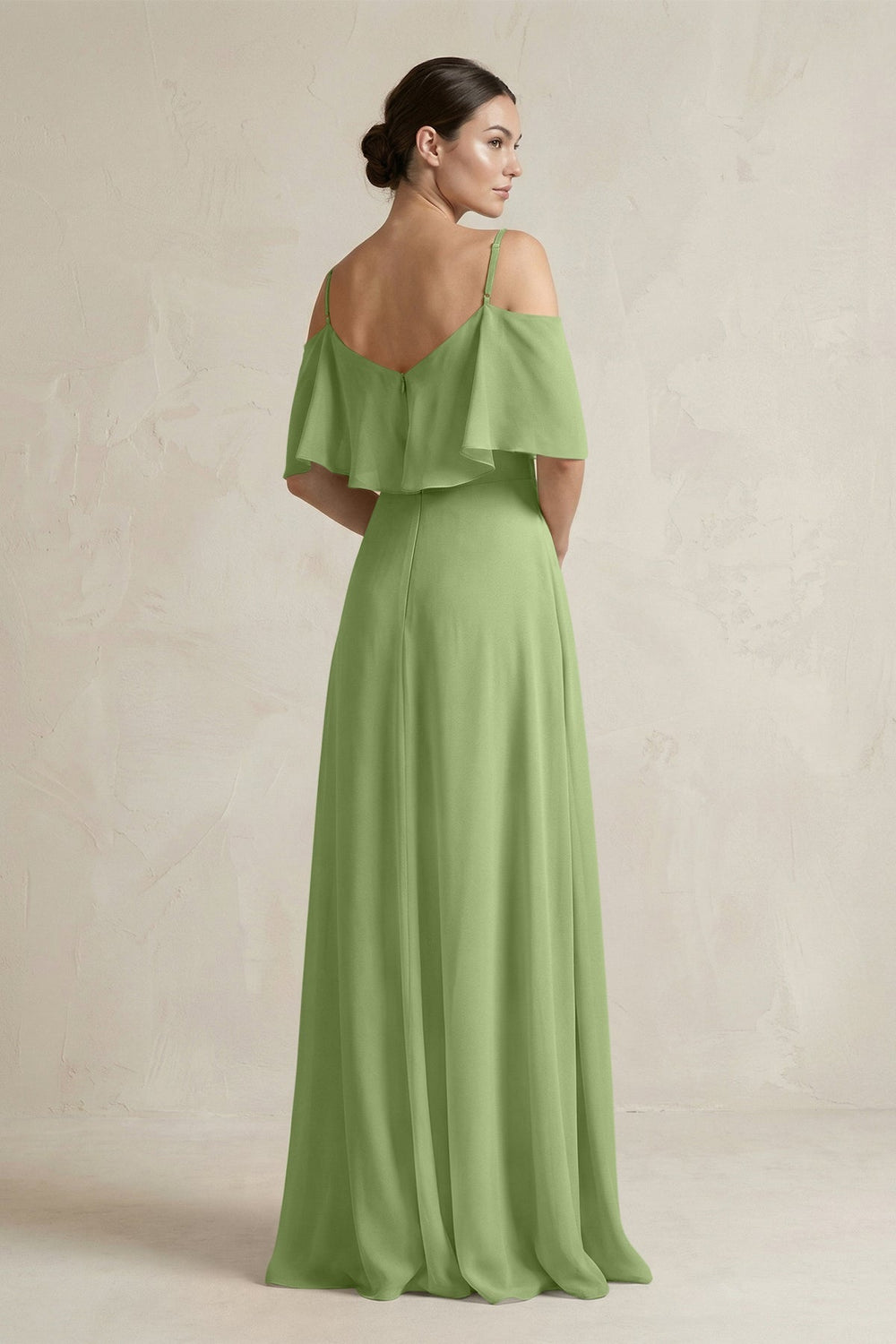 Ruffled Off - the - Shoulder A - Line Chiffon Bridesmaid Gown in Matcha - KISS BRIDAL Bridesmaid Dresses