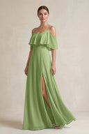 Ruffled Off - the - Shoulder A - Line Chiffon Bridesmaid Gown in Matcha - KISS BRIDAL Bridesmaid Dresses