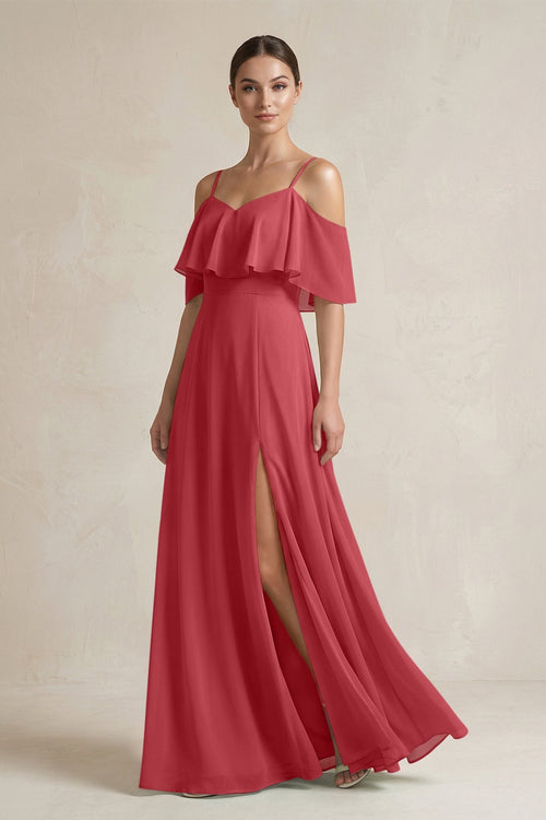 Ruffled Off - the - Shoulder A - Line Chiffon Bridesmaid Gown in Merlot - SHE IS ME Bridesmaid Dresses