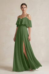 Ruffled Off - the - Shoulder A - Line Chiffon Bridesmaid Gown in Moss - KISS BRIDAL Bridesmaid Dresses