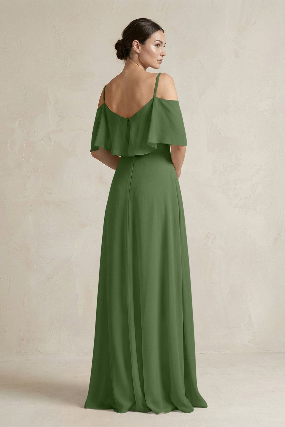 Ruffled Off - the - Shoulder A - Line Chiffon Bridesmaid Gown in Moss - KISS BRIDAL Bridesmaid Dresses