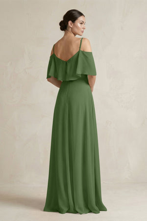 Ruffled Off - the - Shoulder A - Line Chiffon Bridesmaid Gown in Moss - KISS BRIDAL Bridesmaid Dresses