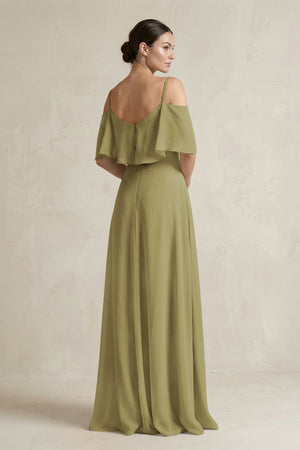 Ruffled Off-the-Shoulder A-Line Chiffon Bridesmaid Gown in Moss Green (2) | KISSBRIDAL