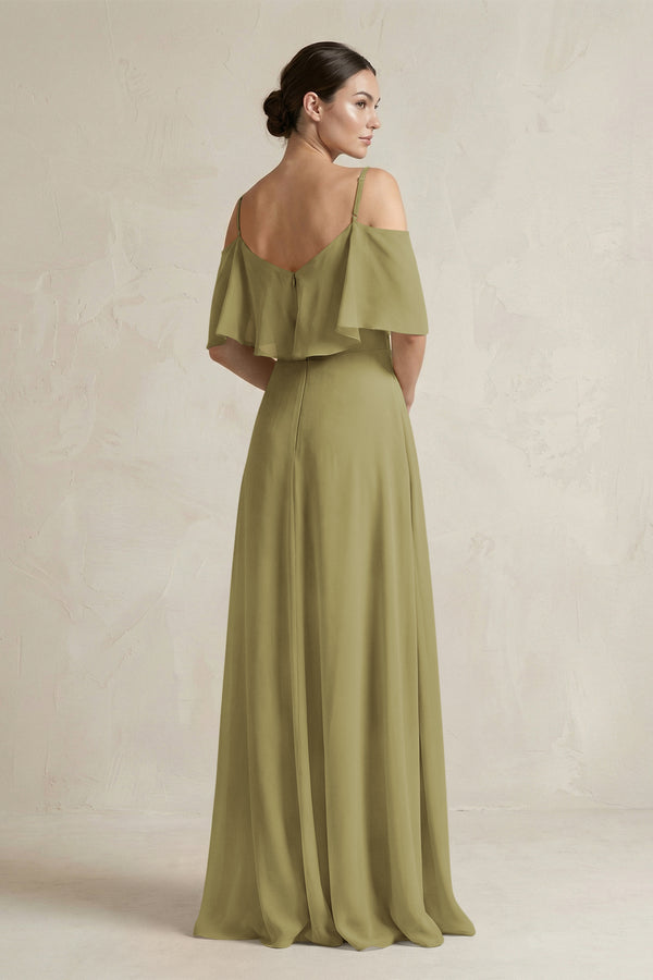 Ruffled Off-the-Shoulder A-Line Chiffon Bridesmaid Gown in Moss Green (2) | KISSBRIDAL