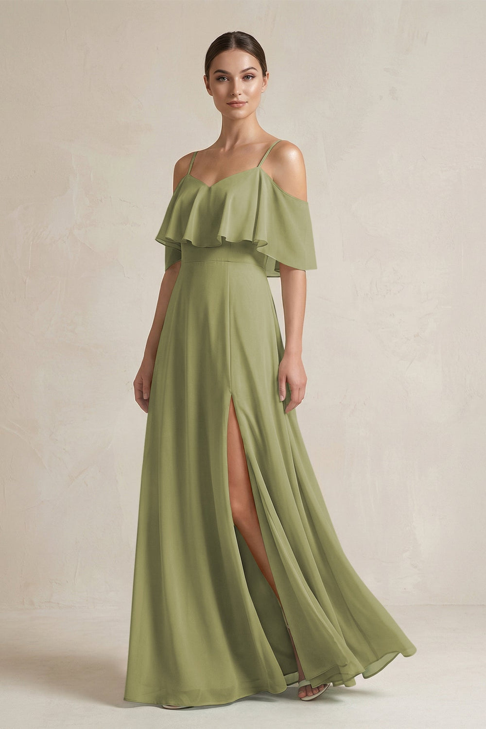 Ruffled Off - the - Shoulder A - Line Chiffon Bridesmaid Gown in Moss Green - KISS BRIDAL Bridesmaid Dresses