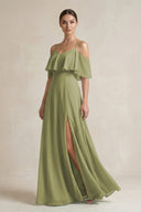 Ruffled Off - the - Shoulder A - Line Chiffon Bridesmaid Gown in Moss Green - KISS BRIDAL Bridesmaid Dresses