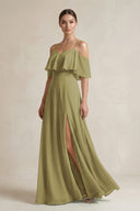Ruffled Off-the-Shoulder A-Line Chiffon Bridesmaid Gown in Moss Green | KISSBRIDAL