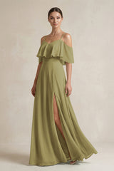 Ruffled Off-the-Shoulder A-Line Chiffon Bridesmaid Gown in Moss Green | KISSBRIDAL