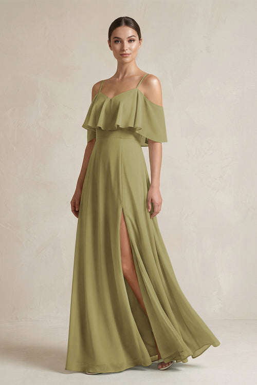 Ruffled Off-the-Shoulder A-Line Chiffon Bridesmaid Gown in Moss Green | KISSBRIDAL