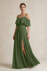Ruffled Off-the-Shoulder A-Line Chiffon Bridesmaid Gown in Moss | KISSBRIDAL