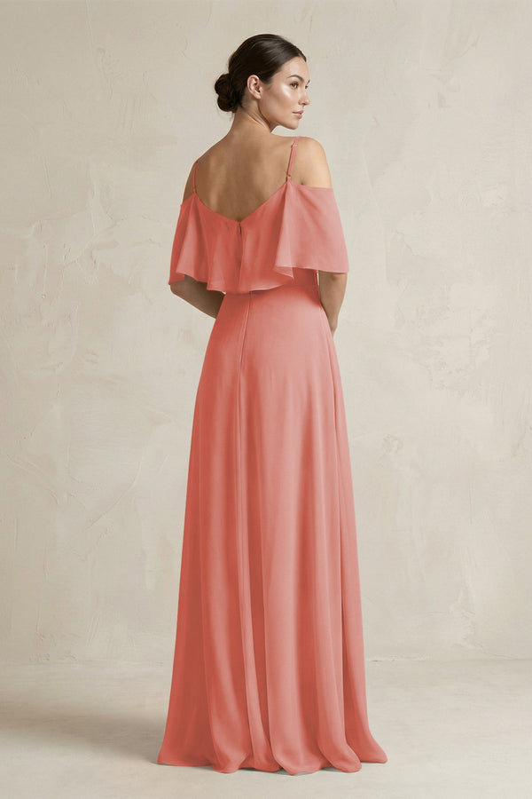 Ruffled Off - the - Shoulder A - Line Chiffon Bridesmaid Gown in Mulberry - KISS BRIDAL Bridesmaid Dresses