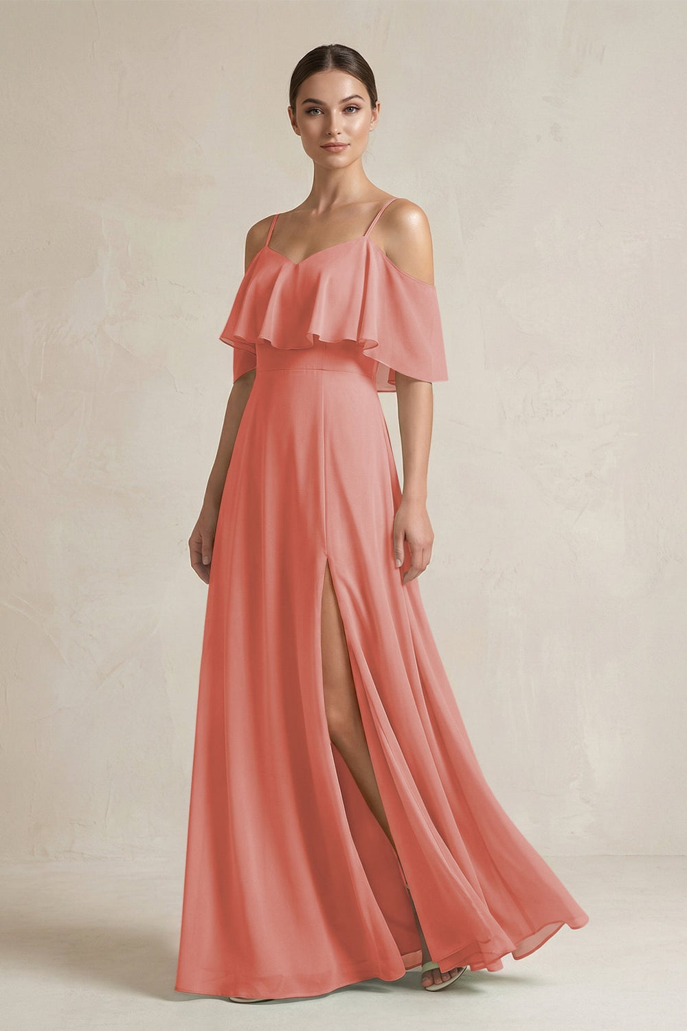 Ruffled Off - the - Shoulder A - Line Chiffon Bridesmaid Gown in Mulberry - KISS BRIDAL Bridesmaid Dresses