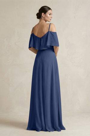 Ruffled Off - the - Shoulder A - Line Chiffon Bridesmaid Gown in Navy - KISS BRIDAL Bridesmaid Dresses
