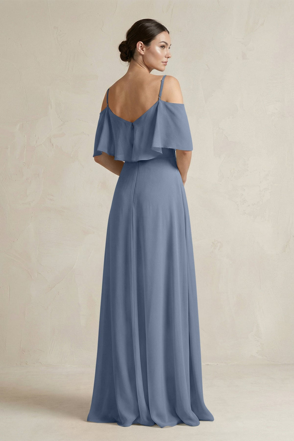 Ruffled Off - the - Shoulder A - Line Chiffon Bridesmaid Gown in Neptune - KISS BRIDAL Bridesmaid Dresses