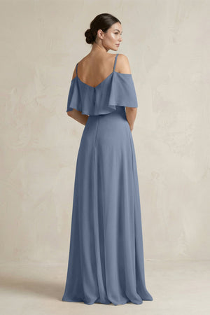 Ruffled Off - the - Shoulder A - Line Chiffon Bridesmaid Gown in Neptune - KISS BRIDAL Bridesmaid Dresses
