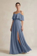 Ruffled Off - the - Shoulder A - Line Chiffon Bridesmaid Gown in Neptune - KISS BRIDAL Bridesmaid Dresses