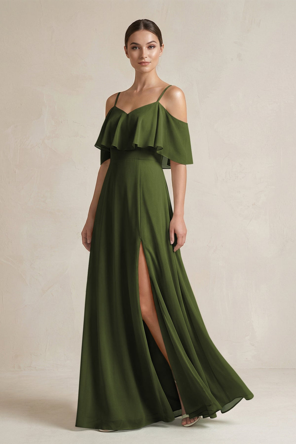 Ruffled Off - the - Shoulder A - Line Chiffon Bridesmaid Gown in Olive - KISS BRIDAL Bridesmaid Dresses