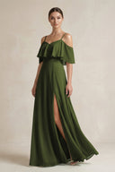 Ruffled Off - the - Shoulder A - Line Chiffon Bridesmaid Gown in Olive - KISS BRIDAL Bridesmaid Dresses