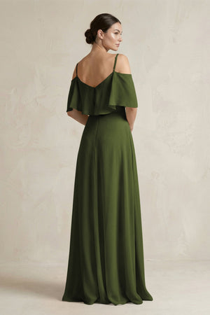 Ruffled Off - the - Shoulder A - Line Chiffon Bridesmaid Gown in Olive - KISS BRIDAL Bridesmaid Dresses