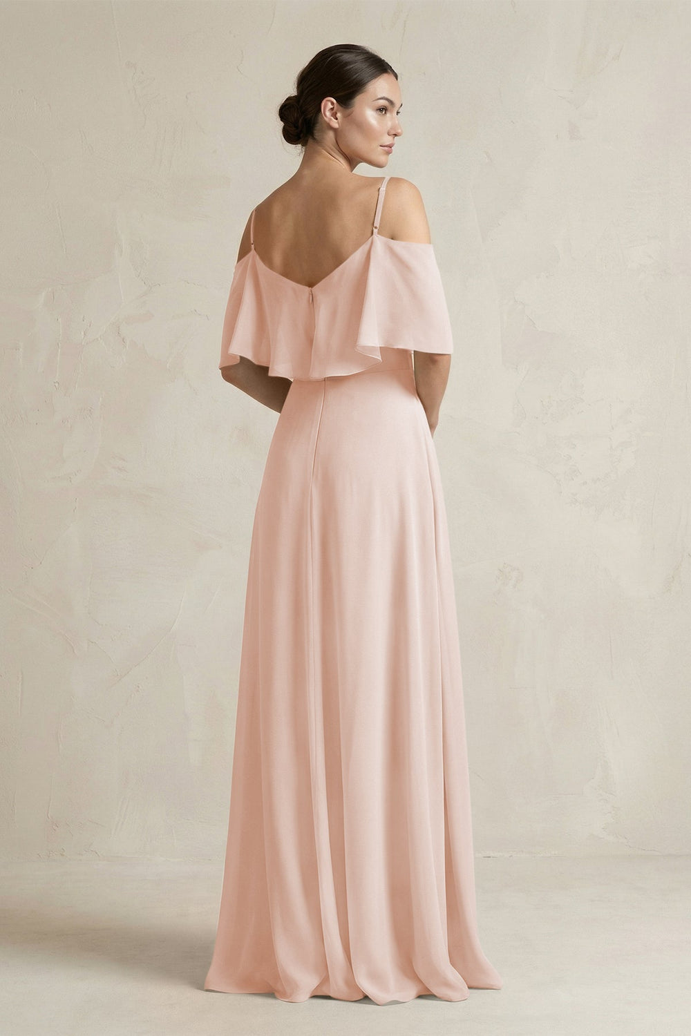 Ruffled Off - the - Shoulder A - Line Chiffon Bridesmaid Gown in Pale Blush - KISS BRIDAL Bridesmaid Dresses