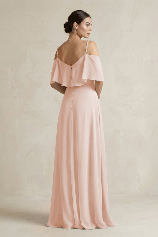 Ruffled Off - the - Shoulder A - Line Chiffon Bridesmaid Gown in Pale Blush - KISS BRIDAL Bridesmaid Dresses